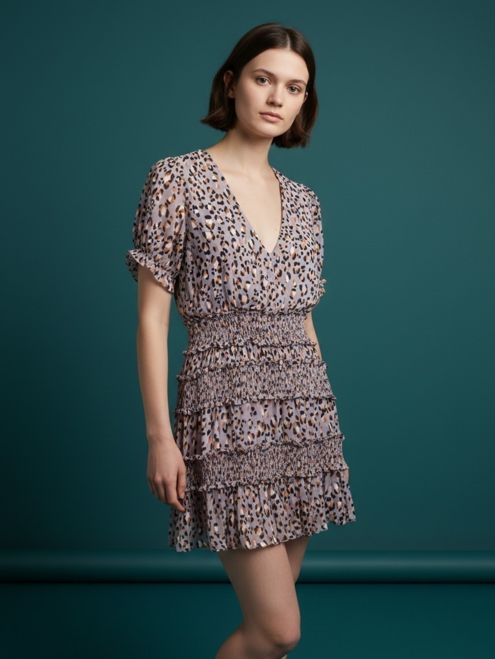 Karlie Lavender Leopard-Print Smocked V-Neck Mini Dress Size Medium